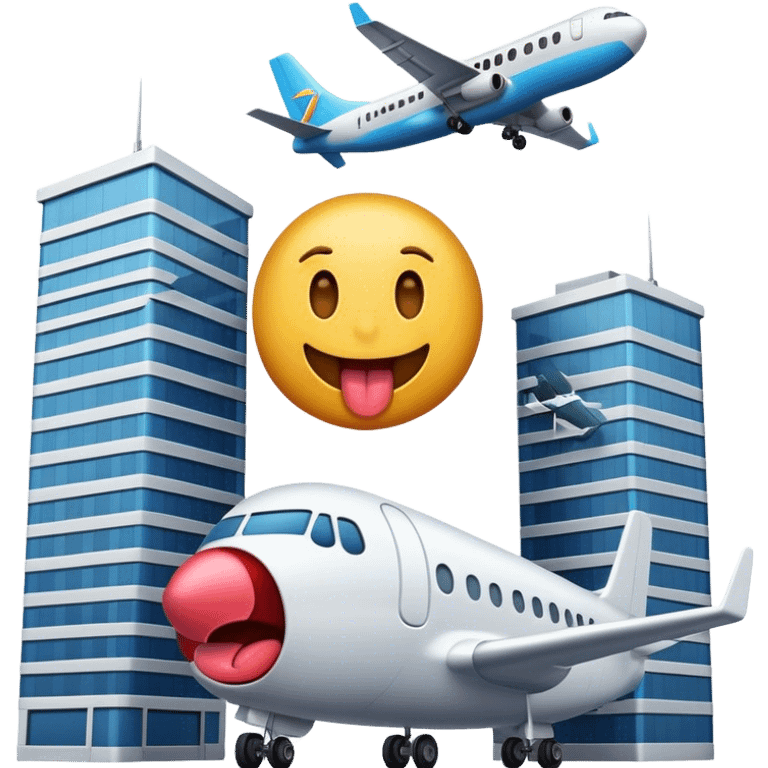 A freaky emoji with its tongue out standing next to two large buildings with a plane heading towards them emoji