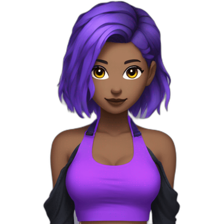 Generate a neon purple themed female anime character, wearing a black and blue cold-shoulder halter top with purple sleeves and purple hair. emoji