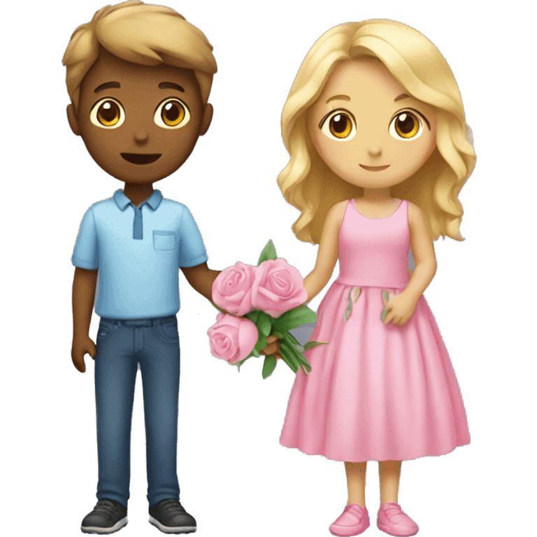 Girl wearing pink dress with a boy Holding flower  emoji