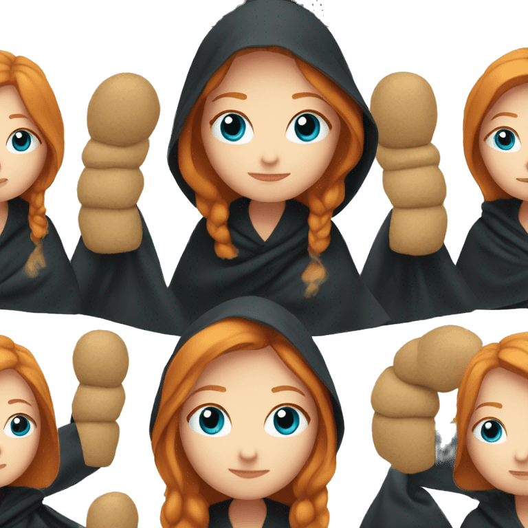 ginger long straight haired girl with ocean blue eyes  black blanket over head emoji