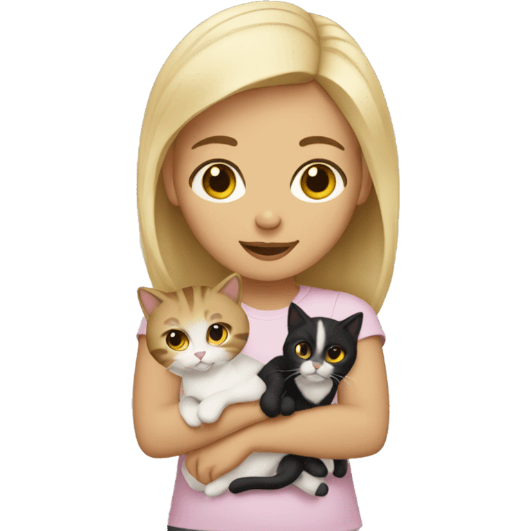 a blonde girl with brown eyes holding 3 cats, two white and one black. emoji