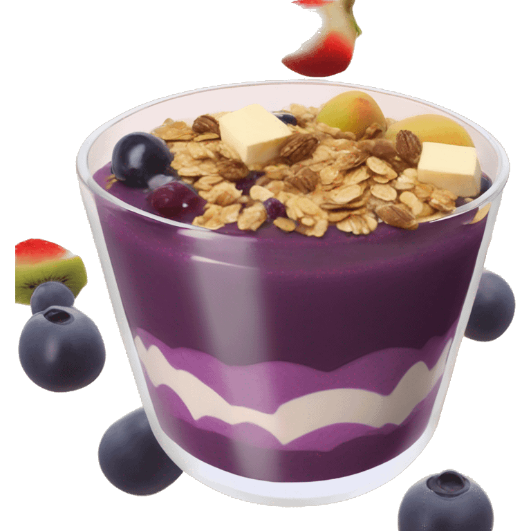 Açaí in a clear cup with layers of fruits and granola and condensed milk emoji