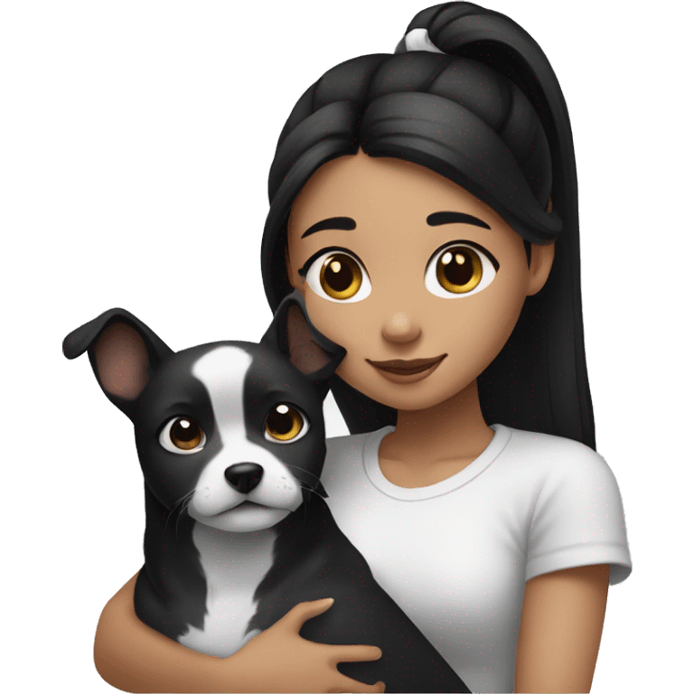 black hair girl cuddling a black and white dog with a high ponytail emoji