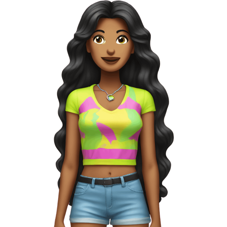 Tanned woman with long black hair wearing 1980s style neon outfit and hair emoji