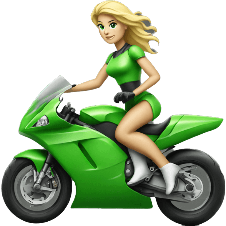 blonde woman and strong man on green racing motorcycle emoji