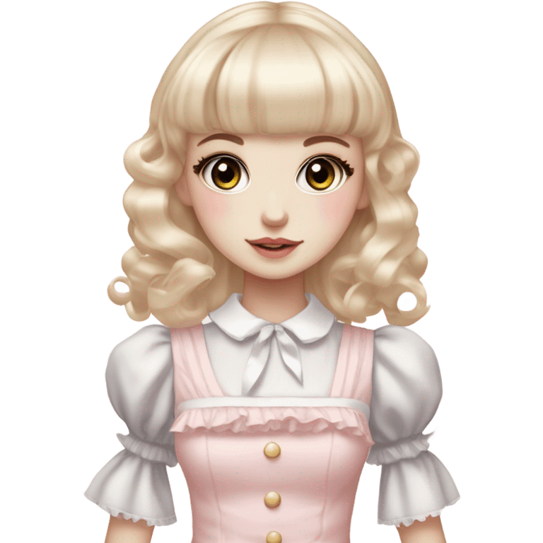 pale girl , who has curly medium length blonde and baby pink swirled hair with bangs , grey eyes , and doll like makeup , in a light pink lolita hime gyaru dress  emoji