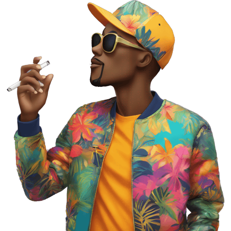 Person vaping wearing a colourful vibrant tropical patchwork of intricate vintage patterns, vape emoji