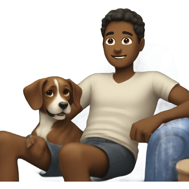 boy relaxing with dog indoors emoji