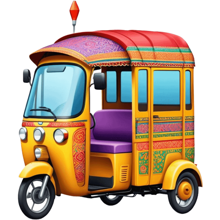 Cinematic Realistic image of a colorful auto rickshaw, rendered with detailed textures and lively, bold hues, set on a bustling urban street with dynamic, vibrant lighting that emphasizes its iconic role emoji