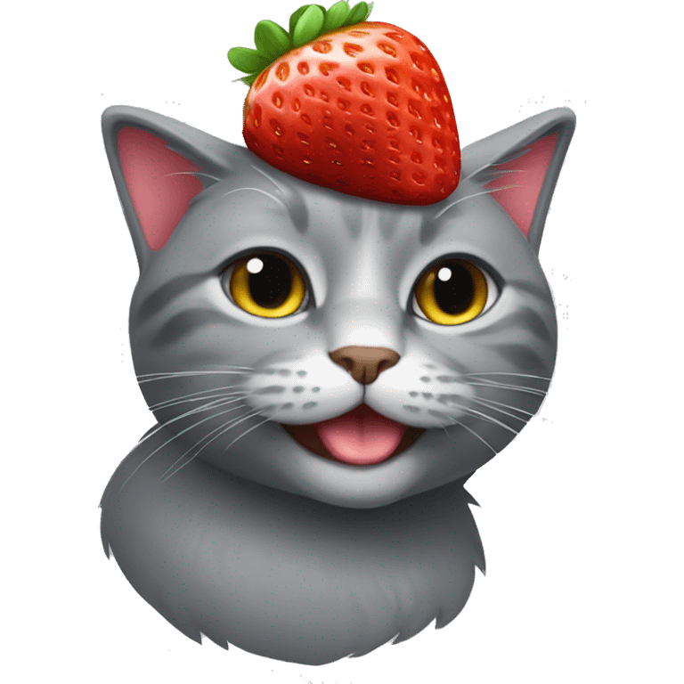 gray cat wearing strawberry as a hat emoji