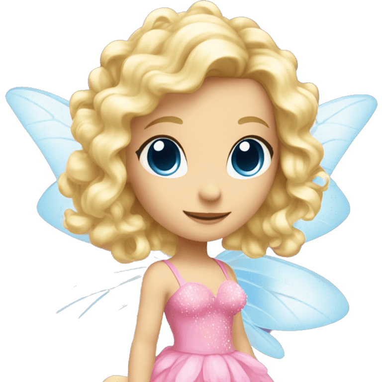 Fairy, a blonde hair with blue eyes and a pink dress with sparkly wings. Flowers. White wings. The fairy has long, curly hair with a lot of volume emoji