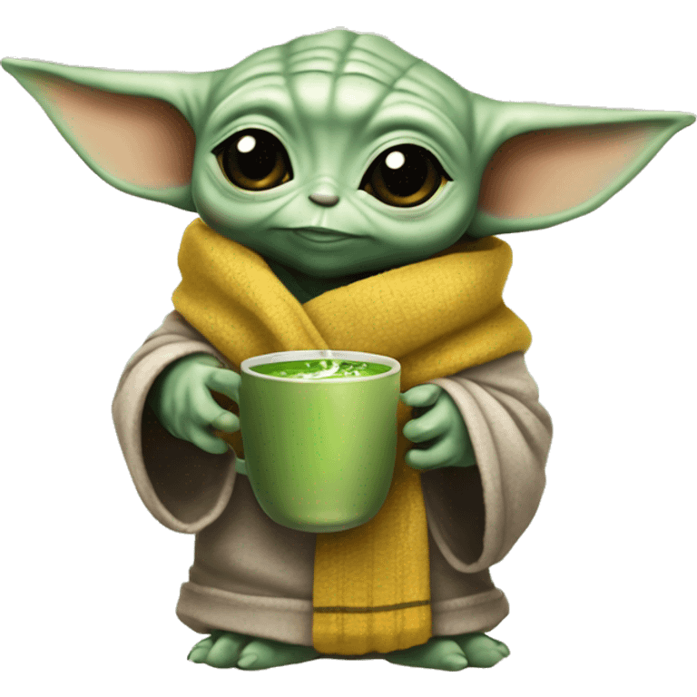 Grogu baby yoda holding a steaming cup of matcha wearing a hufflepuff scarf emoji