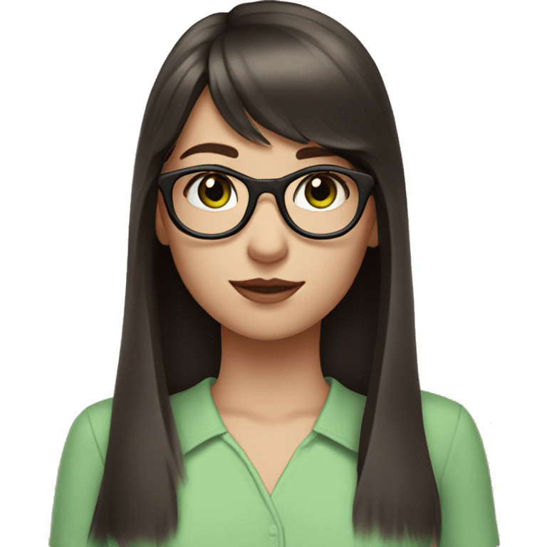 Girl with long dark brown hair and bangs and black glasses pale skin pink shirt green eyes emoji