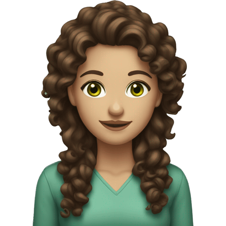 brunette woman green eyes brown curly hair full lips smile emoji