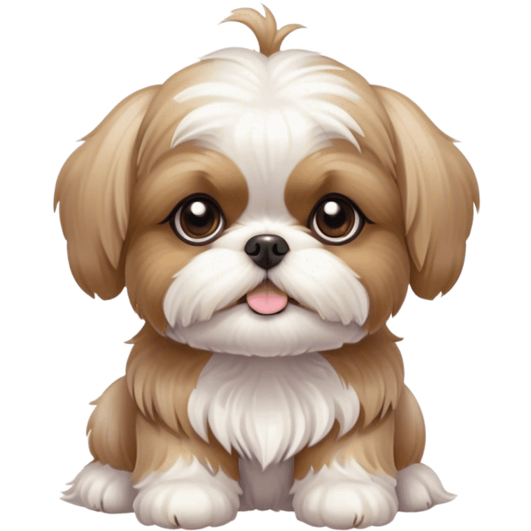 Cinematic Cute Shih Tzu Portrait Emoji, Head playfully tilted with large, sparkling eyes and a fluffy, endearing fur in gentle, pastel tones, simplified yet irresistibly charming, highly detailed, glowing with a warm, cuddly radiance, high shine, radiating affectionate and joyful energy, styled with a soft, playful outline, capturing the essence of a cute Shih Tzu that seems destined to charm everyone in its path! emoji