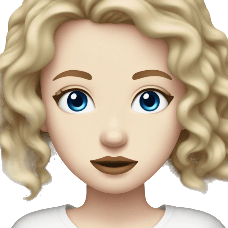 very pale skin, very wavy dark blonde hair, blue eyes, big lips, white shirt emoji