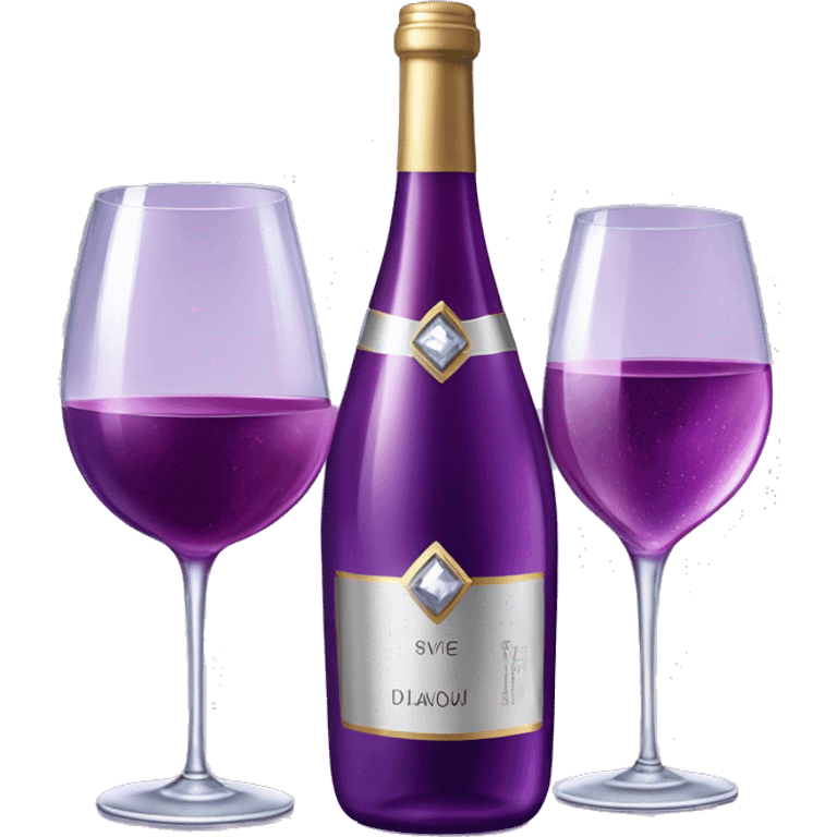 Realistic sparkling diamond glam bottle of Purple Wine and matching long stem wine glass. emoji