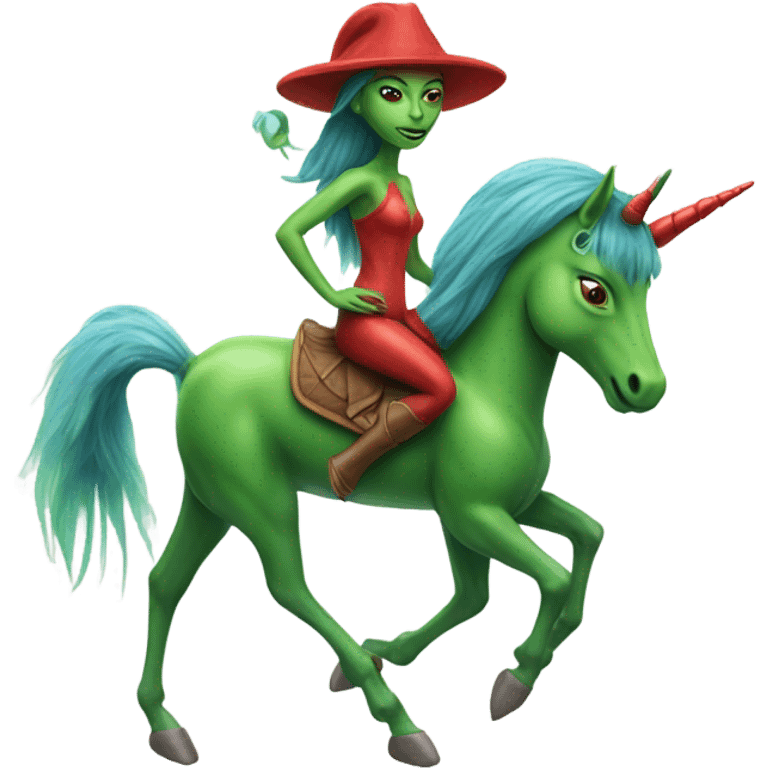 a green amazon alien woman, on a four-legged red unicorn emoji