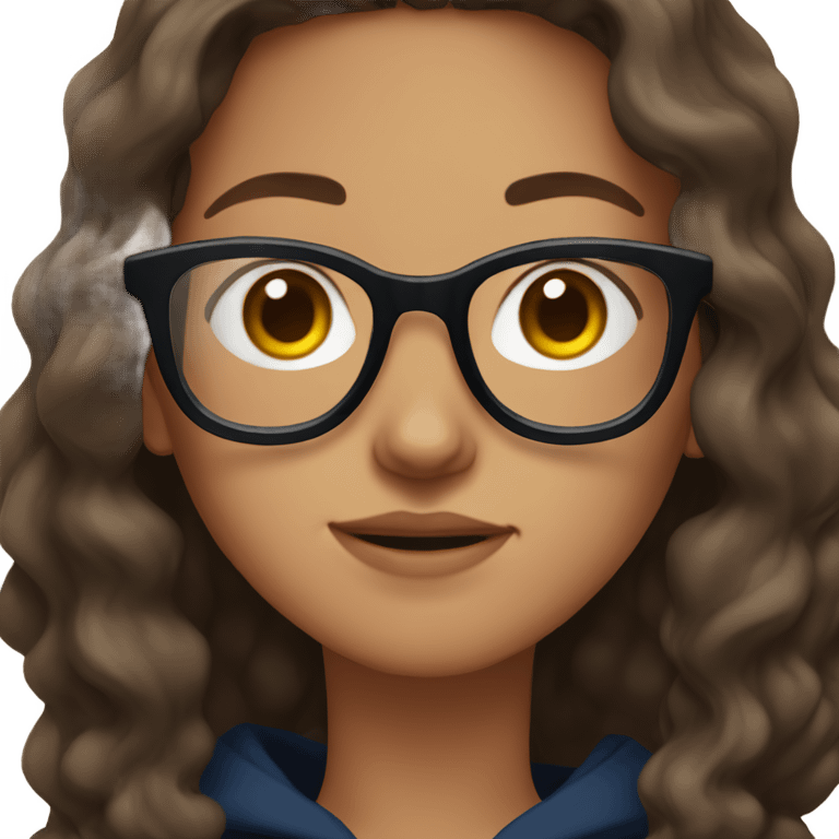 Girl with long brown wavy hair and dark blue glasses wearing a black hoodie  emoji