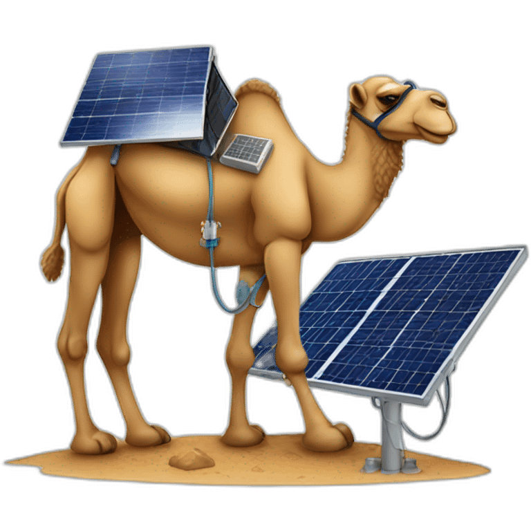 Camel working as solar panels technician while standing next to a solar panel emoji