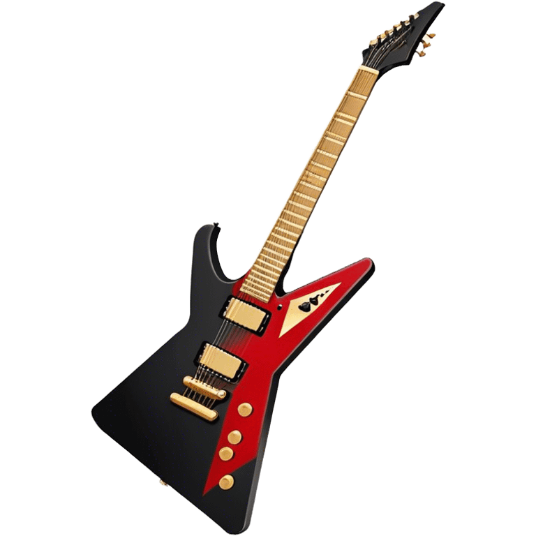 Create a bold and dynamic emoji representing the Epiphone Dave Mustaine Flying V Custom electric guitar. The design should feature the sharp, iconic V-shaped body of the guitar, with a custom finish reflecting Dave Mustaine’s signature style. Add intricate details like gold or chrome tuning pegs and pickups, with subtle graphics or patterns that reflect the aggressive, heavy metal aesthetic. Use a color palette of black, gold, and red, with a touch of metallic sheen for the high-end finish. The background should be transparent to emphasize the guitar's iconic shape emoji