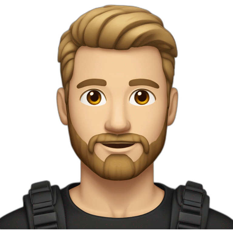 White man with slight tan, brown eyes and hair. He has beard stubble and mustache trimmed. Wears black clothing. His hair is an symmetrical undercut with side fade, styled sideways emoji