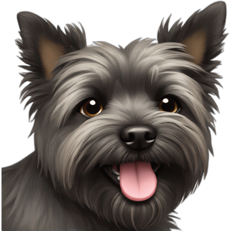 dog,  black Cairn Terrier, hairy, with white chin, tongue out emoji