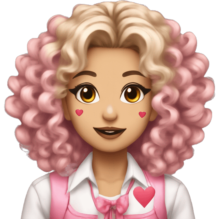 kogal with big curly hair and gyaru makeup and hearts on her cheeks emoji