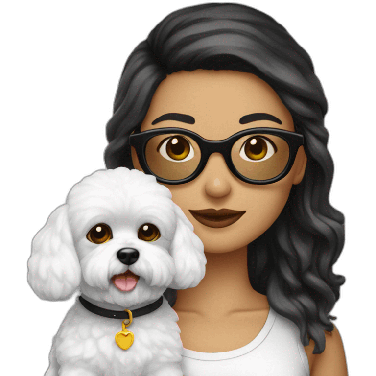 mujer con gafas pelo negro largo y perro bichon blanco emoji