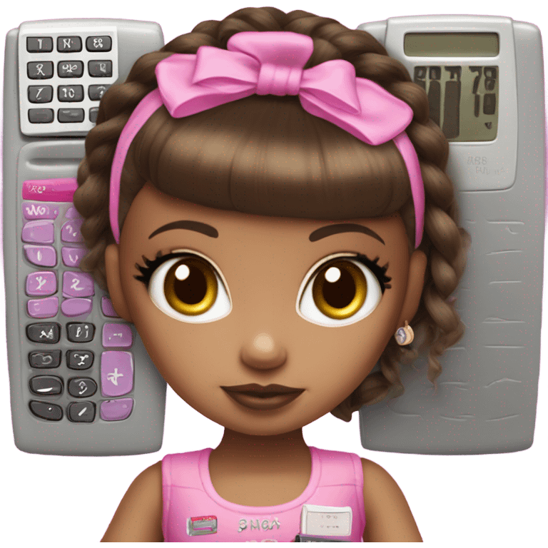 Hyper realistic bratz doll brunette with pink calculator emoji