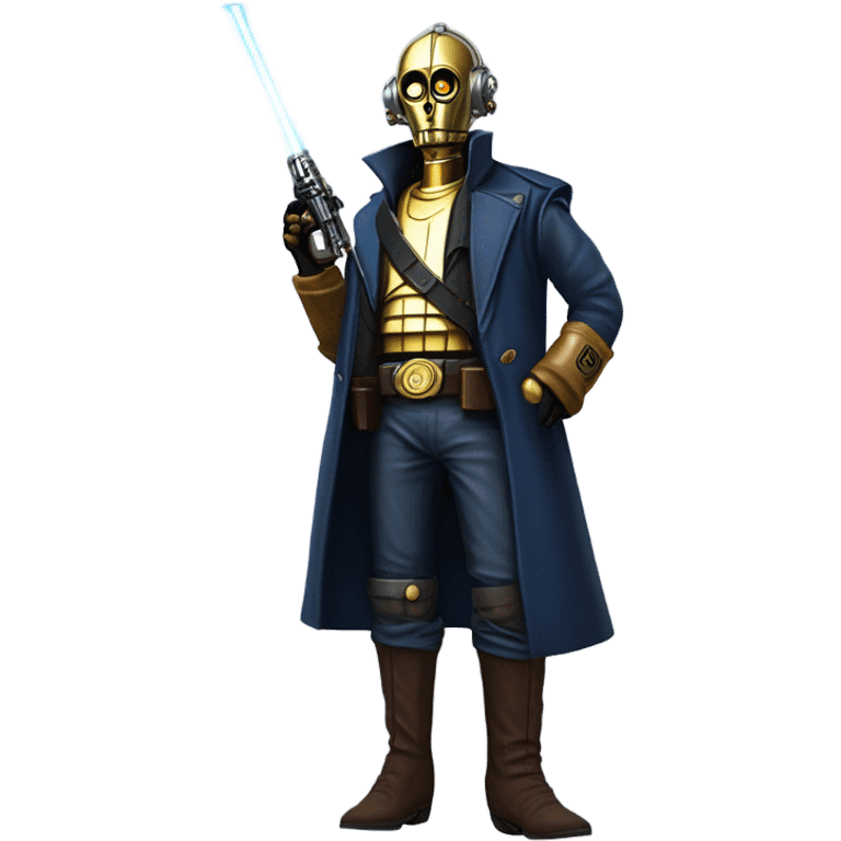 bounty hunter tarnished undercover tough well-equipped Jedi  life-sized darkblue-pearl C3po leather vest clothing pants and vest old west duster coat holding light saber sheriff holstered gun emoji