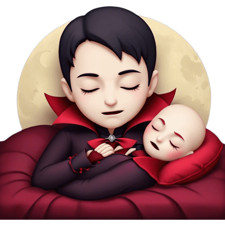 Meme-Worthy Cute Sleeping Vampire Portrait Emoji, with a refined, small, pale face softened by closed, serene eyes and a slight, peaceful smile, adorned in miniature elegant dark attire with a hint of fading crimson, simplified yet irresistibly adorable, highly detailed with a soft ethereal outline that captures the drowsy charm of a vampire in quiet nighttime slumber! emoji