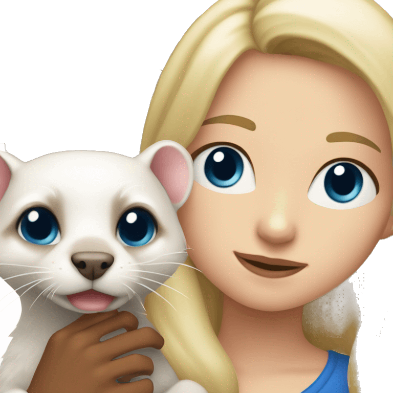 Blonde girl with blue eyes holding in hands a male old ferret who has black eyes  emoji