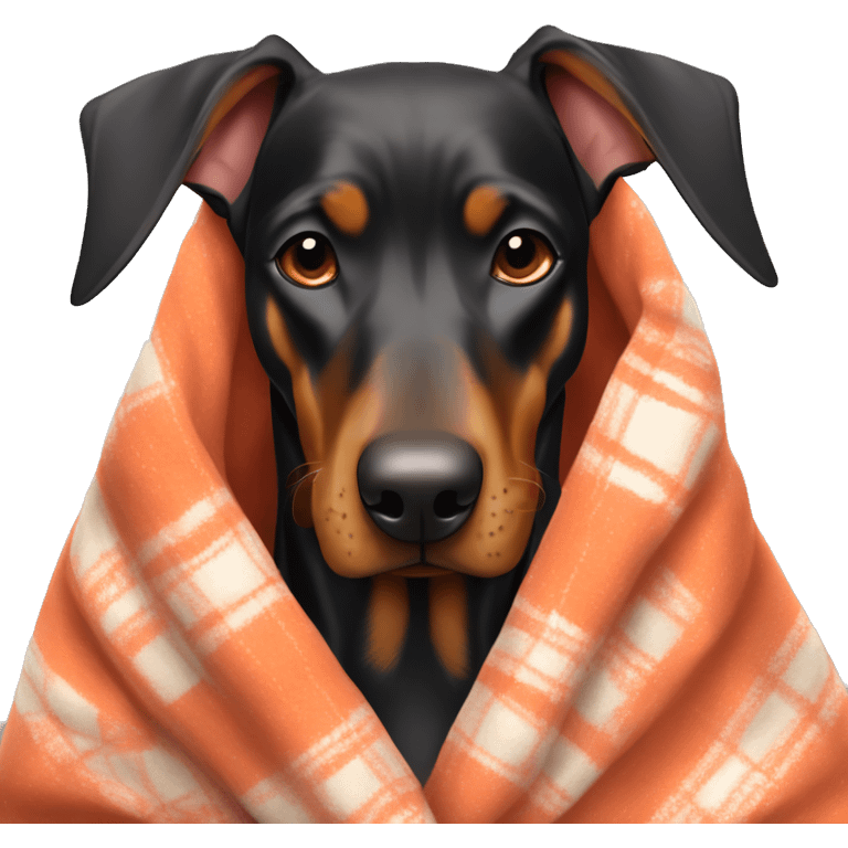 Doberman covered in a warm blanket emoji