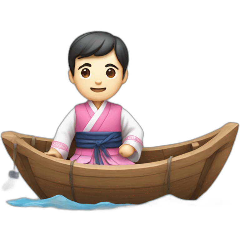 wooden raft with a man with traditional korean hanbok costume emoji