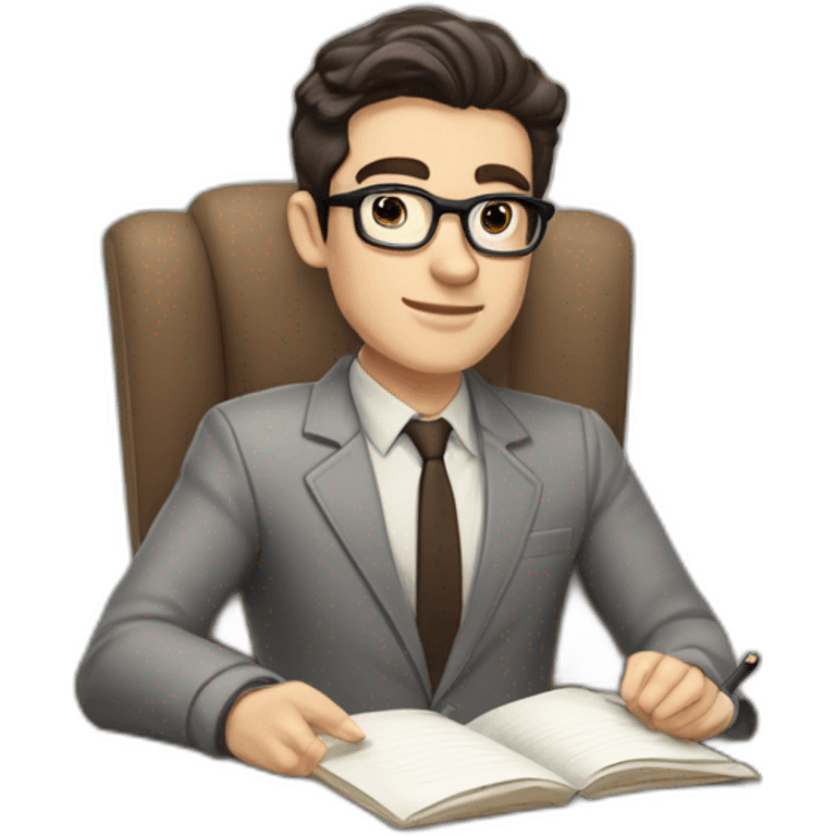 Pale skinned Fit Man With dark brown hair in gray jacket, beige office shirt and vintage glasses sitting In a soft chair with a notebook with emblem Ψ and a pen in his hands emoji