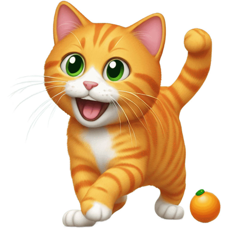 Orange cat playing with a green mouse emoji