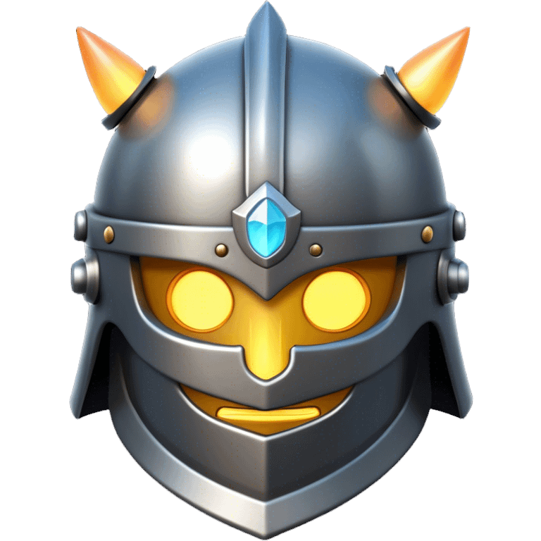 Clash of Clans aesthetic: Cinematic Playful 3D Isometric steel helm Emoji, rendered in a 3D vector-style similar to standard emojis with minimal shading and bold, simplified shapes. A compact, distinct form with signature details, softly glowing with a fantasy RPG magic charm. Simplified yet unmistakably iconic, highly detailed and consistent, glowing with a soft radiance and high shine. Stylized with a touch of heroic grandeur and a soft glowing outline, capturing the essence of a beloved gaming relic with a friendly, playful manner! emoji