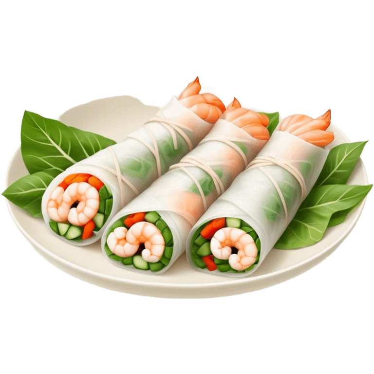 Cinematic Realistic Vietnamese Summer Rolls Dish Emoji, depicted with delicate rice paper wraps filled with fresh vegetables and shrimp rendered with crisp textures and refreshing lighting. emoji