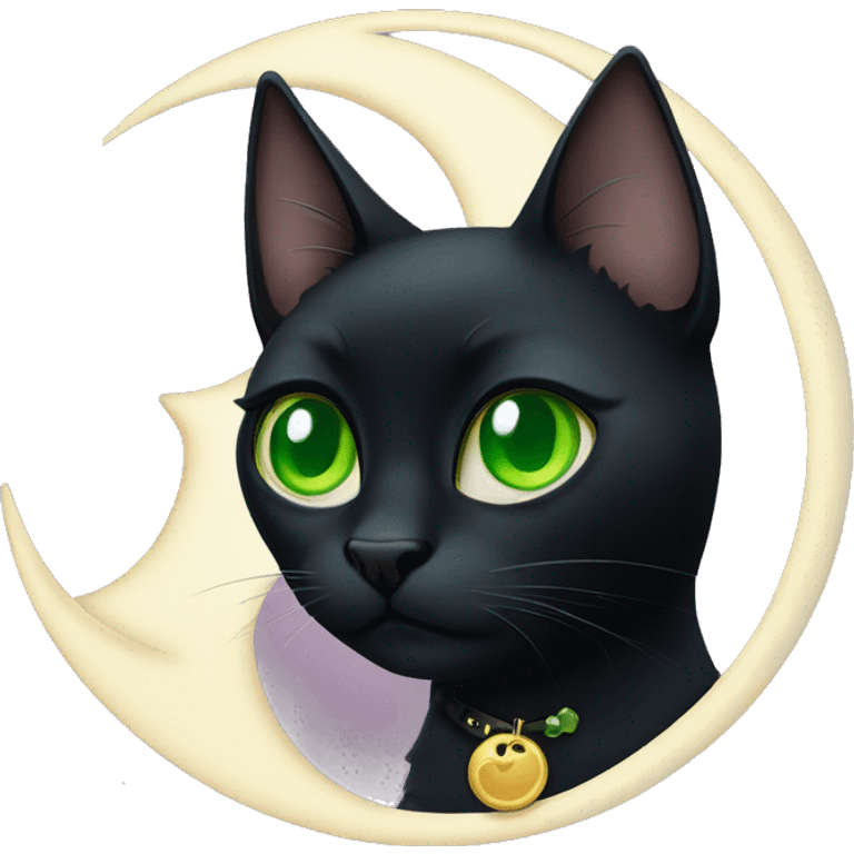 Black cat with green eyes wearing a moon charm on his collar emoji