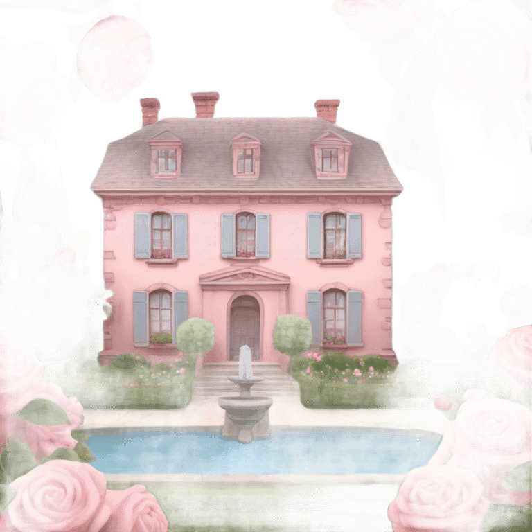 pastel pink 19th century house surrounded by amazing french style garden with rose bushes and apple tree orchards and water fountains emoji