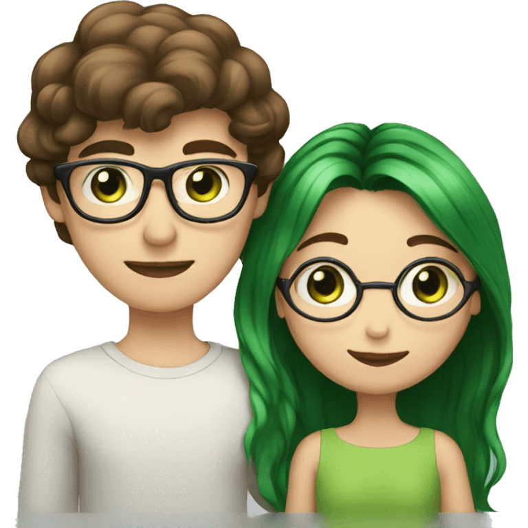 A heavy set boy with brown hair blue eyes and a mustache is kissing a green haired girl who is thin with green eyes and wearing glasses emoji