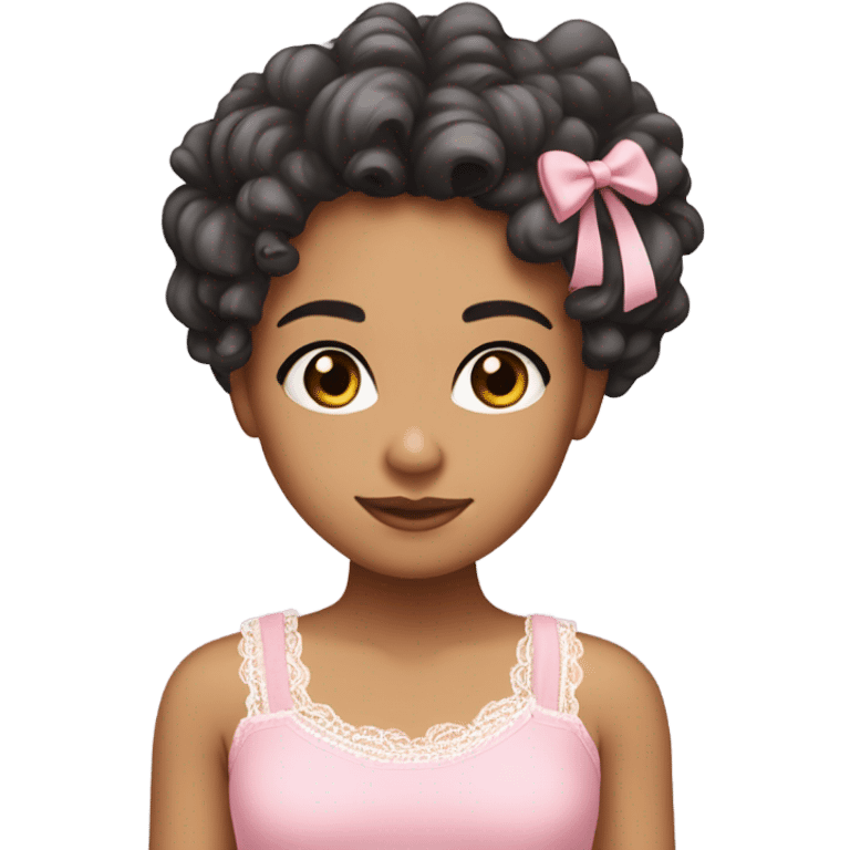 make a teenage girl emoji, mixed race, tan girl, dark grey almost black eye colour, long dark brown curls. Wearing a lace trim baby pink tank top with a small bow. One girl emoji