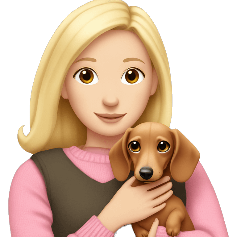 White girl blonde hair pink sweater hugging dachshund emoji