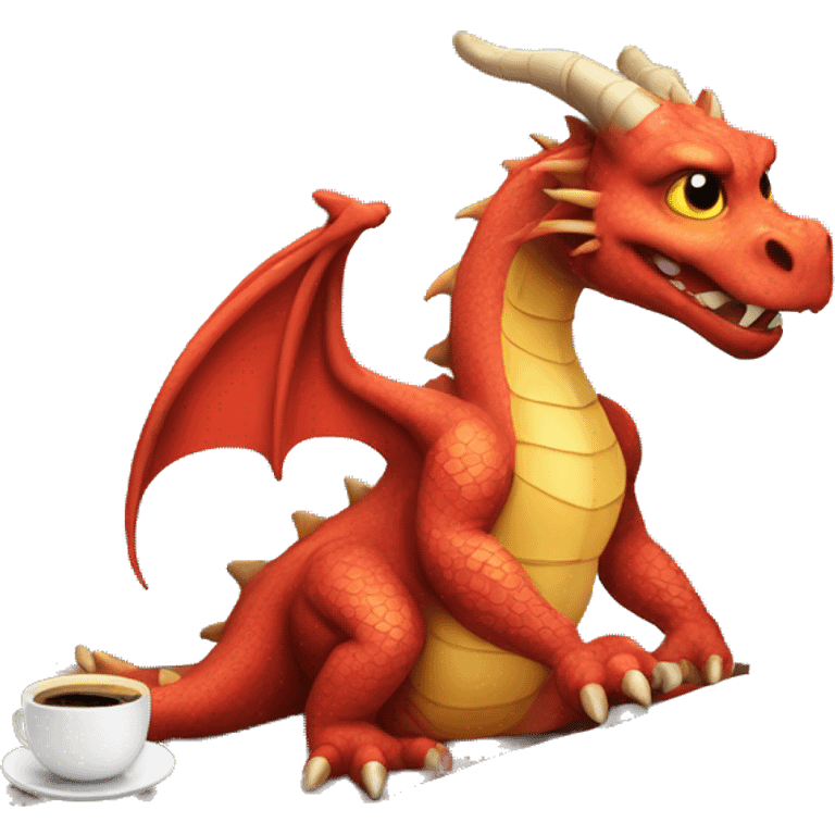 dragon on a laptop, wearing hump day shirt, with a cup of coffee in hand emoji