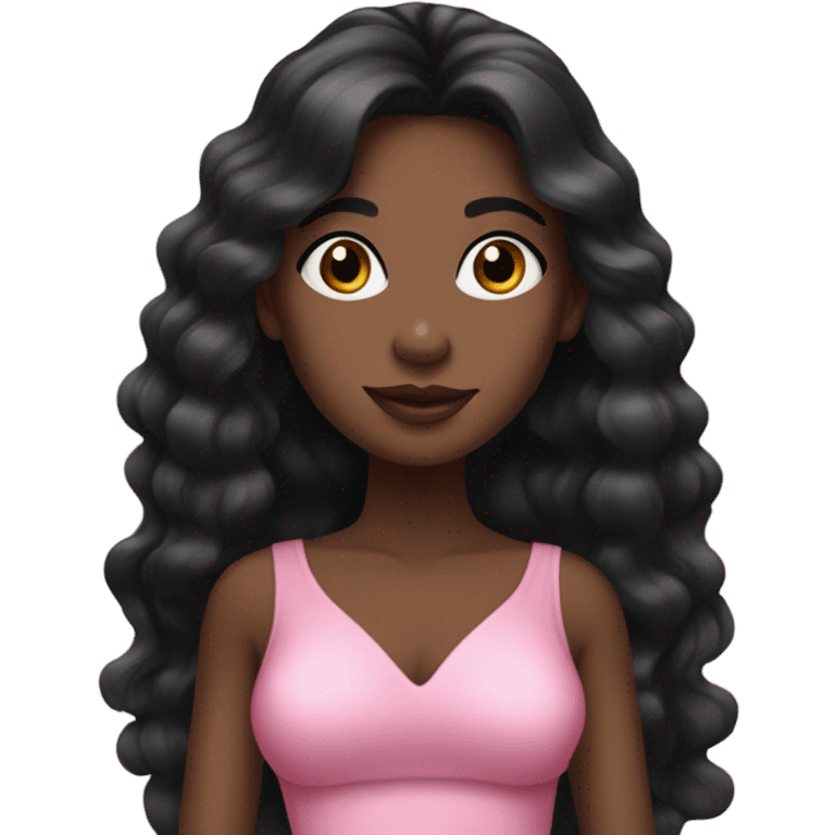 Black girl wearing a coquette pink dress with long black hair and beautiful skin emoji