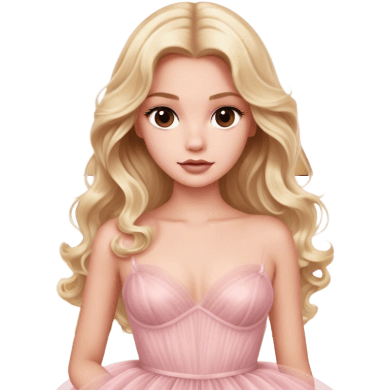 blonde model, brown eyes, long wavy hair, oscars red carpet, light pink tulle gown emoji