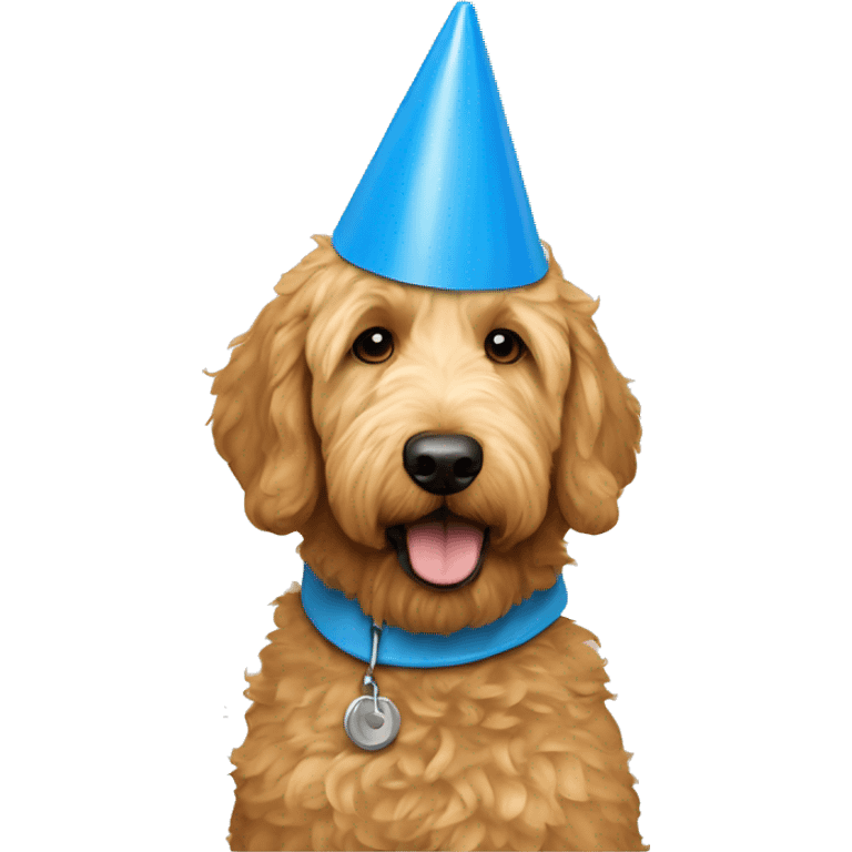 golden doodle wearing blue cone of shame around neck  emoji