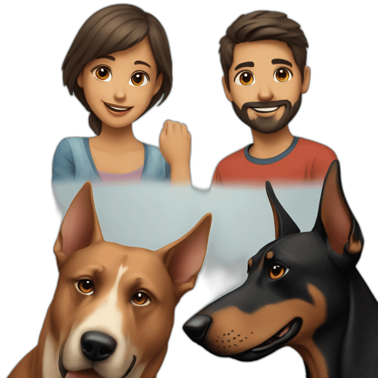 A boy with beard and with a beautiful girl playing with a boy Doberman dog emoji