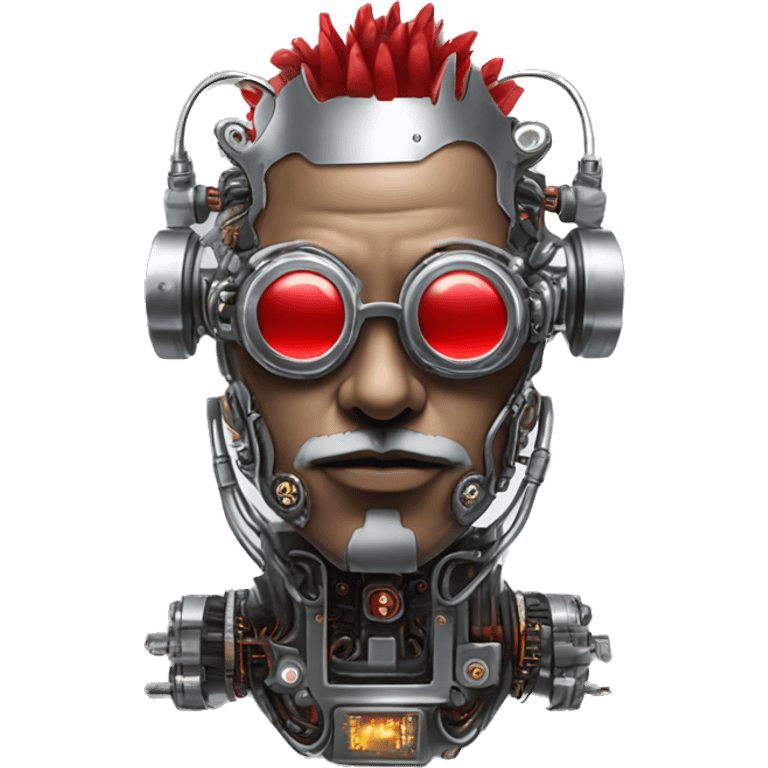 cyborg head with Silver mohawk, red steampunk goggles, red goatee and circuits emoji